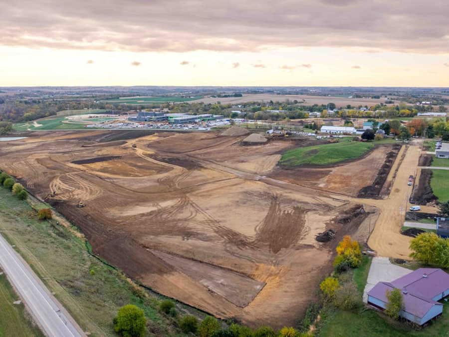 Construction site for new building in Green County with foundation framing.